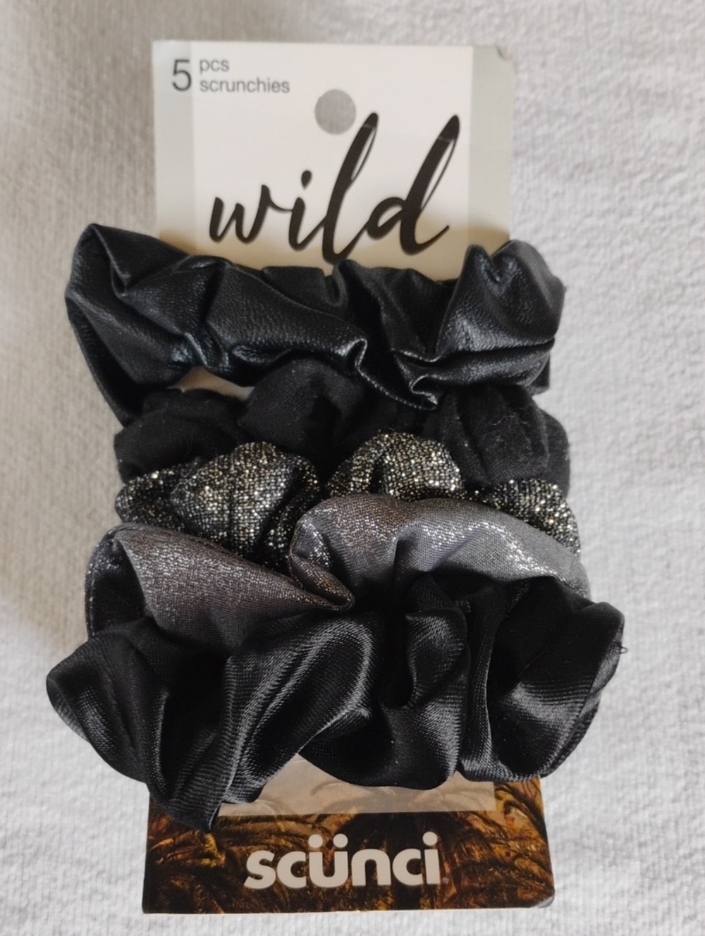 Scunci Wild Primose Set Of 5 Scrunchies Different Textures Black & Silver
